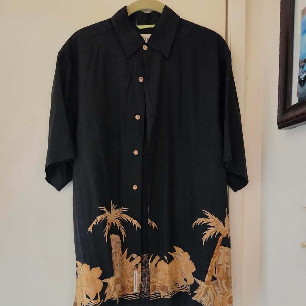 Cubavera Black Silk Palm Tree Tropical Button Down Shirt